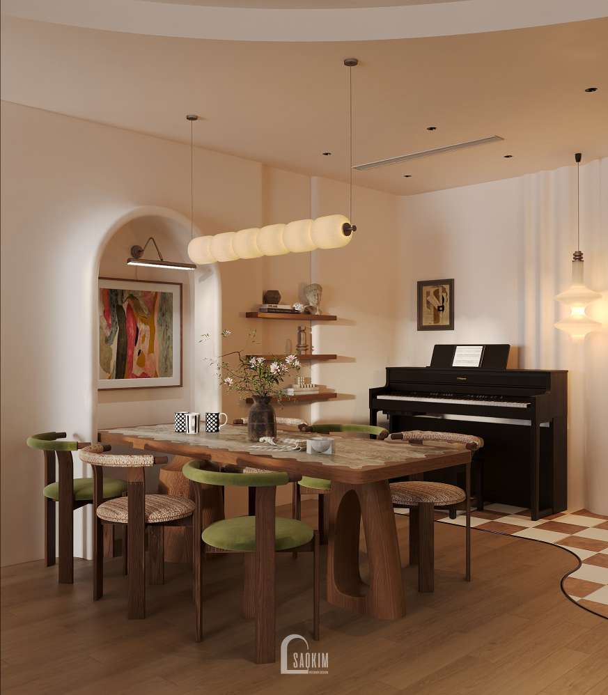 Không gian bếp ấm cúng trong thiết kế chung cư phong cách Mid-Century